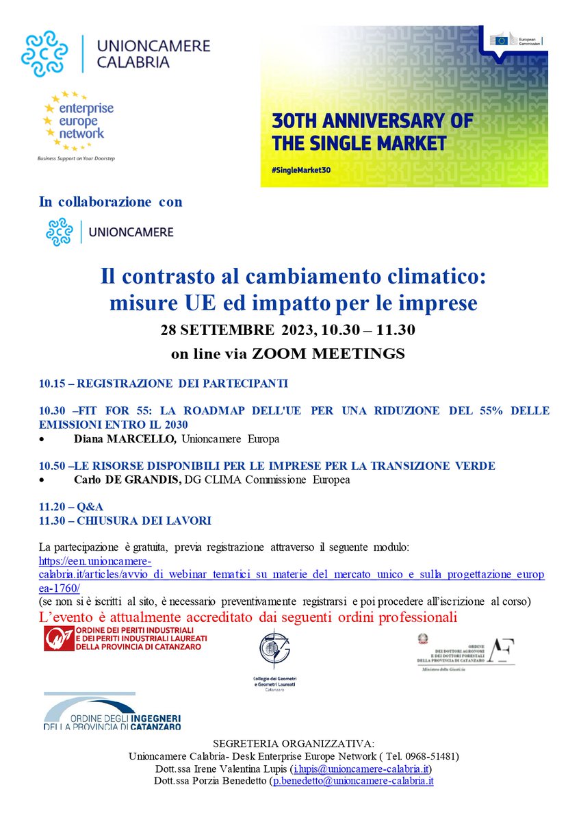 UnioncamereCal's tweet photo. #webinar IL CONTRASTO AL CAMBIAMENTO CLIMATICO: MISURE UE ED IMPATTO PER LE IMPRESE
28 settembre 2023 ore 10.30-11.30
#EENCanHelp #30SingleMarket https://t.co/C3apVqigd0