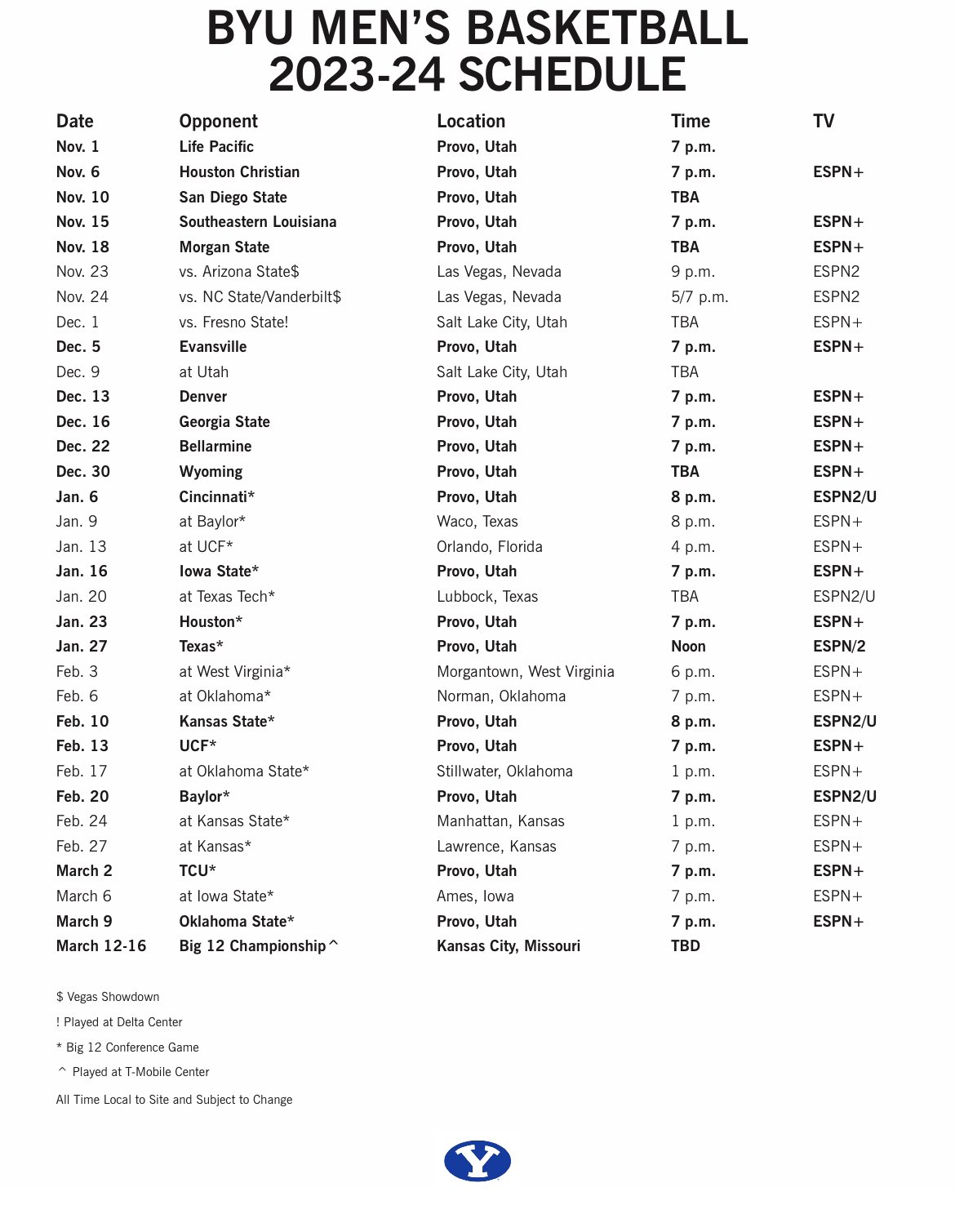 Byu men's cheap basketball schedule