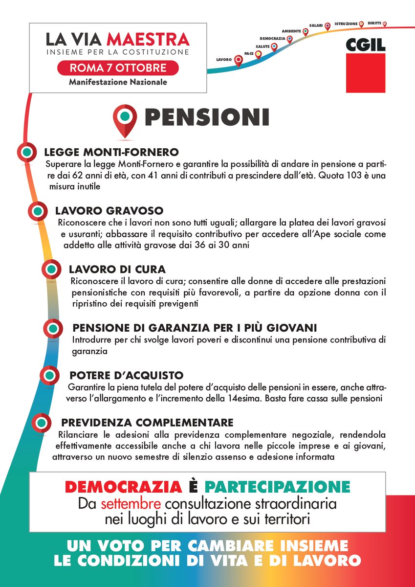 🟥 PENSIONI - LA VIA MAESTRA        

📌#7ottobre manifestazione nazionale a Roma con oltre 100 associazioni ‘Insieme per la Costituzione’  
➡️ Tutte le ragioni della manifestazione: tinyurl.com/ymd2nswv 

#LaViaMaestra