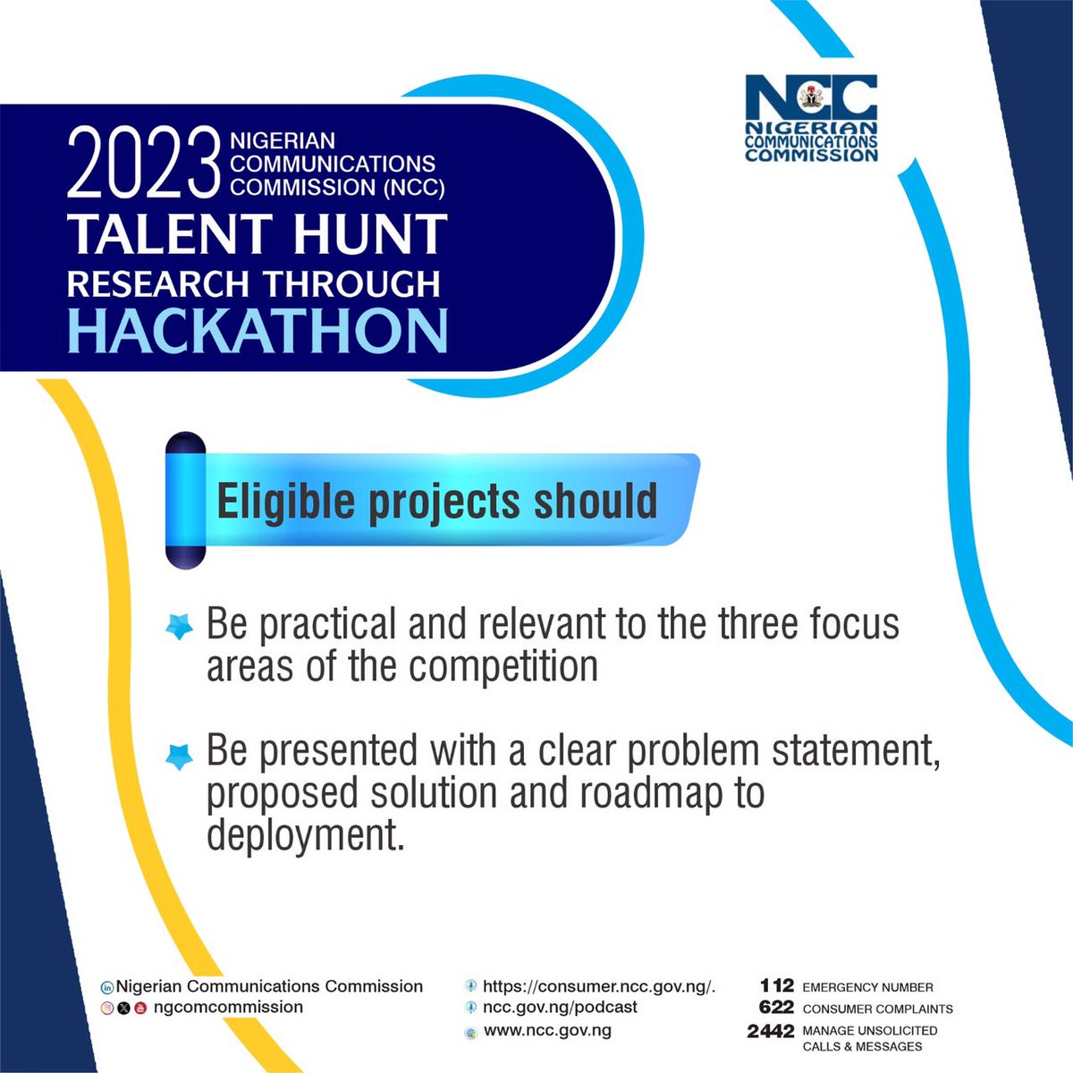 NgComCommission's tweet photo. Request for Applications for 2023 Talent Hunt Research through Hackathon.
You can still apply on or before the September 30th deadline. #2023hackathon #start-ups #nccconnectingnigeria https://t.co/efscQUjSix