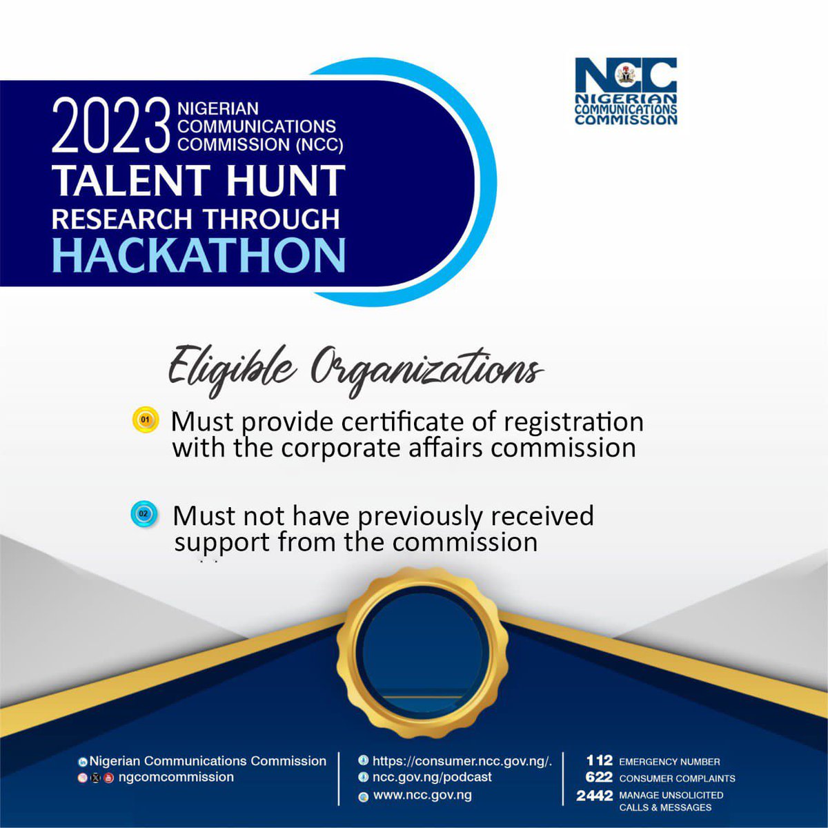 NgComCommission's tweet photo. Request for Applications for 2023 Talent Hunt Research through Hackathon.
You can still apply on or before the September 30th deadline. #2023hackathon #start-ups #nccconnectingnigeria https://t.co/efscQUjSix