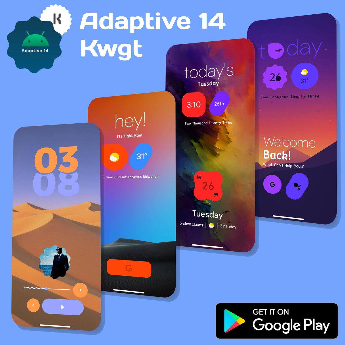 Ahmadansari2233's tweet photo. 💥🎉 Hello Guy's Here I present My New #app call 💥🎉 #Adaptive14kwgt

https://t.co/OCgkmoE666

🎁 10 Codes Giveaway 🎁
Follow Me @Ahmadansari2233 
Like ❤️ Repost 🔄 With tags 5 friends Results in 48hrs, 

1st Release With 53 Beautiful Android 14 Based Adaptive Widgets More Styles And Update Comes Every Week thanks 👍