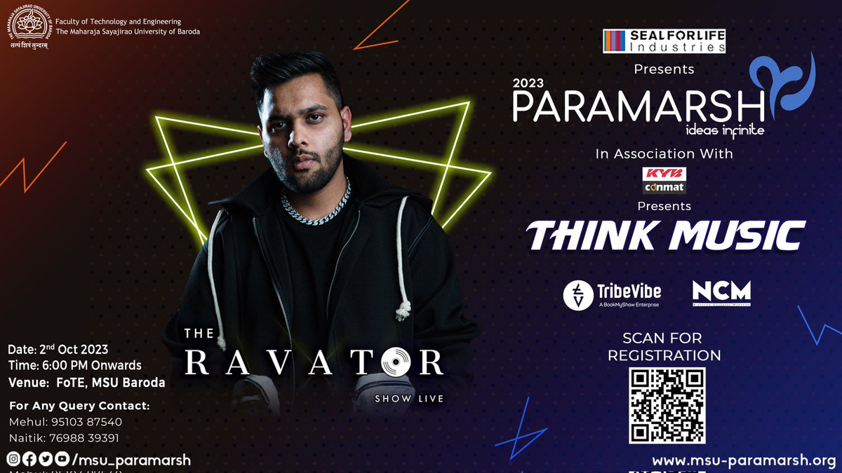 MSU_Paramarsh's tweet photo. It's time to dance to the rhythm and immerse yourself in the captivating beats. Paramarsh is thrilled to introduce Our Artist - RAVTOR, a sensation both in the country and on the internet. He's known for his funky Electronic Dance Music. 

Date: 2nd October 
Time: 6:00 PM Onwards https://t.co/Wt6lKoe3jF