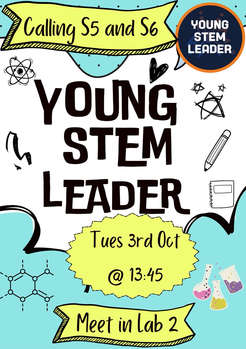 Calling all S5 and S6. There will be a meeting next Tues 3rd Oct at 13:45 in Lab 2 about the Young STEM Leader programme. Earn a qualification whilst helping younger pupils/local community learn about STEM. See Mrs Robertson, Mr Carson or Mr Slater for more info. <a href="/BoclairAcademy/">Boclair Academy</a>