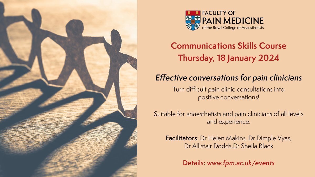 FPM (@facultypainmed) on Twitter photo Registration is now open for our new Communications Skills Course, taking place on 18 January 2024 at <a href="/RCoANews/">Royal College of Anaesthetists</a>.
The course is designed to turn difficult pain clinic consultations into positive conversations.
Only 16 spaces available. Book now & save 20%:
fpm.ac.uk/events/effecti… Registration is now open for our new Communications Skills Course, taking place on 18 January 2024 at <a href="/RCoANews/">Royal College of Anaesthetists</a>.
The course is designed to turn difficult pain clinic consultations into positive conversations.
Only 16 spaces available. Book now & save 20%:
fpm.ac.uk/events/effecti…