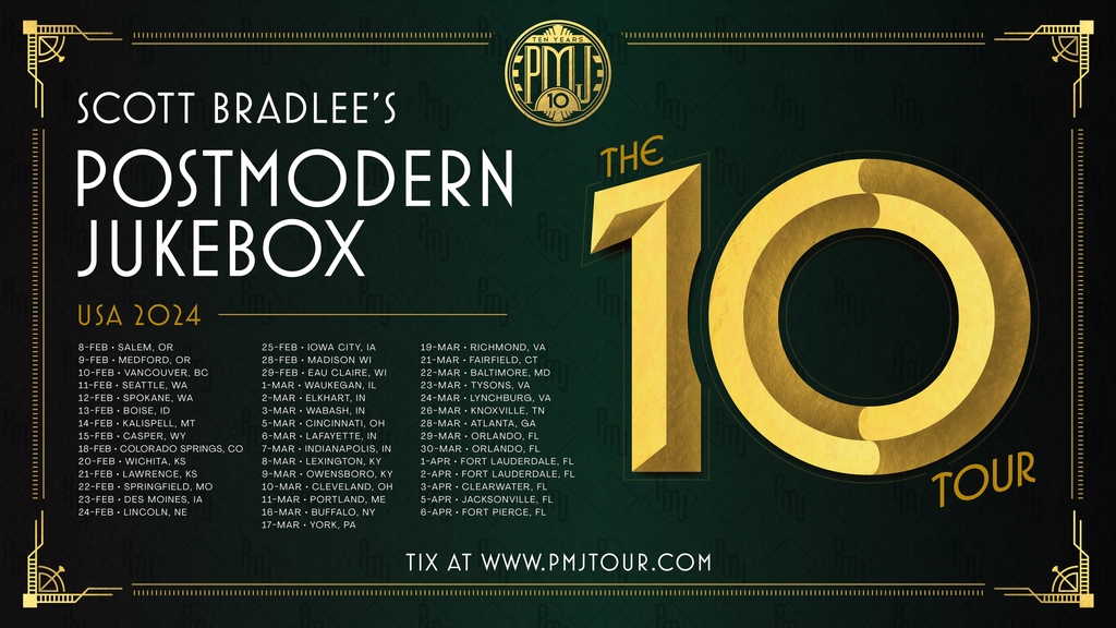 🌟 New US tour dates for Spring 2024 🌟 North America, we haven't forgotten you! Join us as we celebrate a decade of PMJ magic on tour 🥂 VIP presale starts tomorrow at 10 AM local time zones, and general tickets arrive this Friday at postmodernjukebox.com