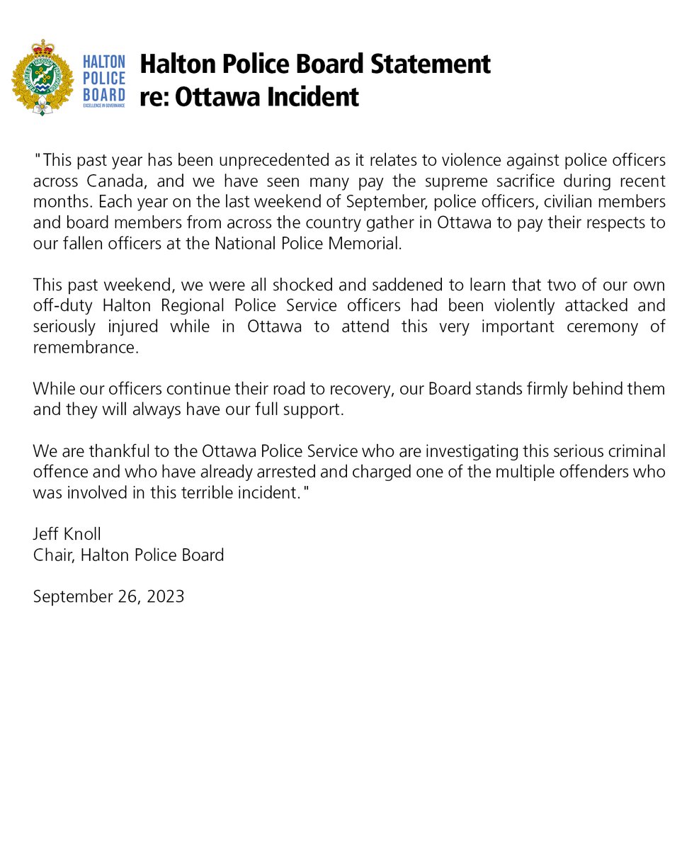 HaltonPolice's tweet photo. Statements from Chief of Police, Stephen Tanner, and Halton Police Board Chair, Jeff Knoll, in relation to the incident involving off-duty Halton Regional Police Service officers this past weekend in Ottawa. https://t.co/3T0qFGtDes