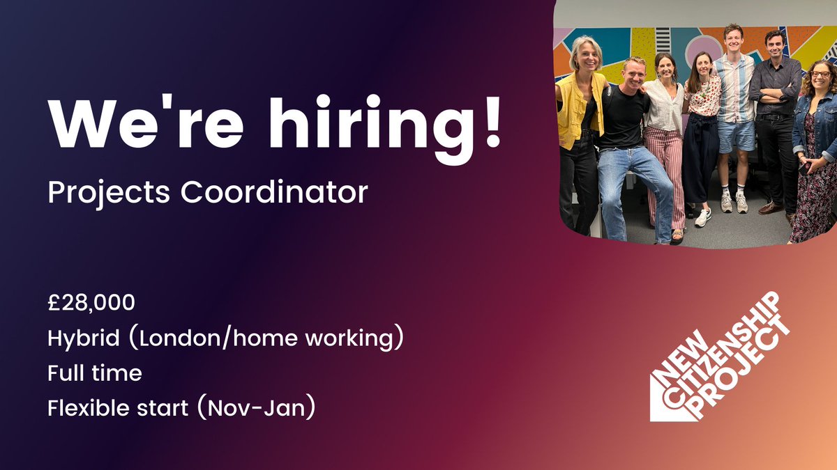 📣 We're hiring! 📣 We are looking for a proactive, organised and creative Projects Coordinator to support our day to day operations. Take a look at the job description and apply online by 9am, Fri 13 Oct. Job description: bit.ly/NCP-JD-Sept23 Apply: bit.ly/NCP-Apply-Sept…