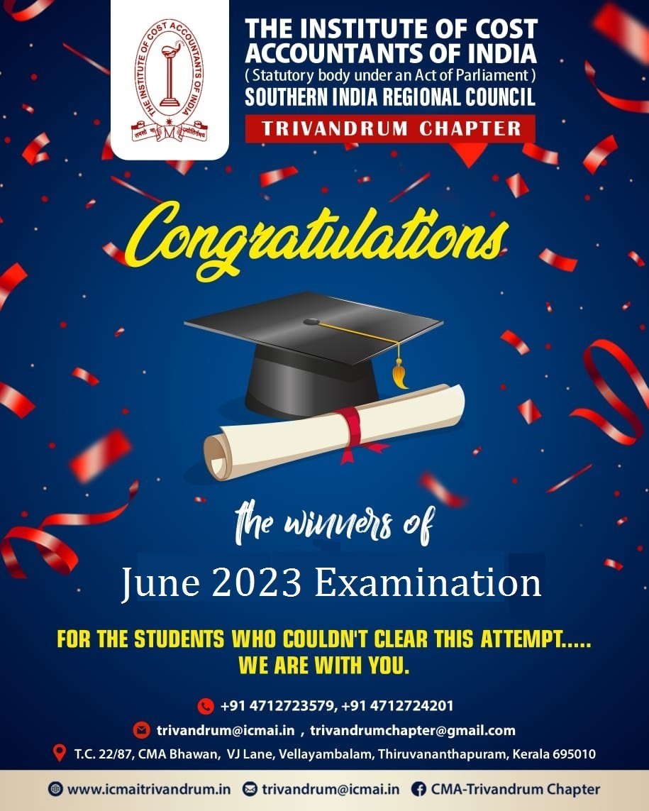 Congratulations the winners of June 2023 Exam👏♥️

For the students who couldn't clear this attempt.
 We are with you.🤝💫

#cma #icmai #icmaitrivandrumchapter #cmaexam #cmaresults #cmastudents #cmaprofession #costaccountant #costandmanagementaccountant #managementaccountant