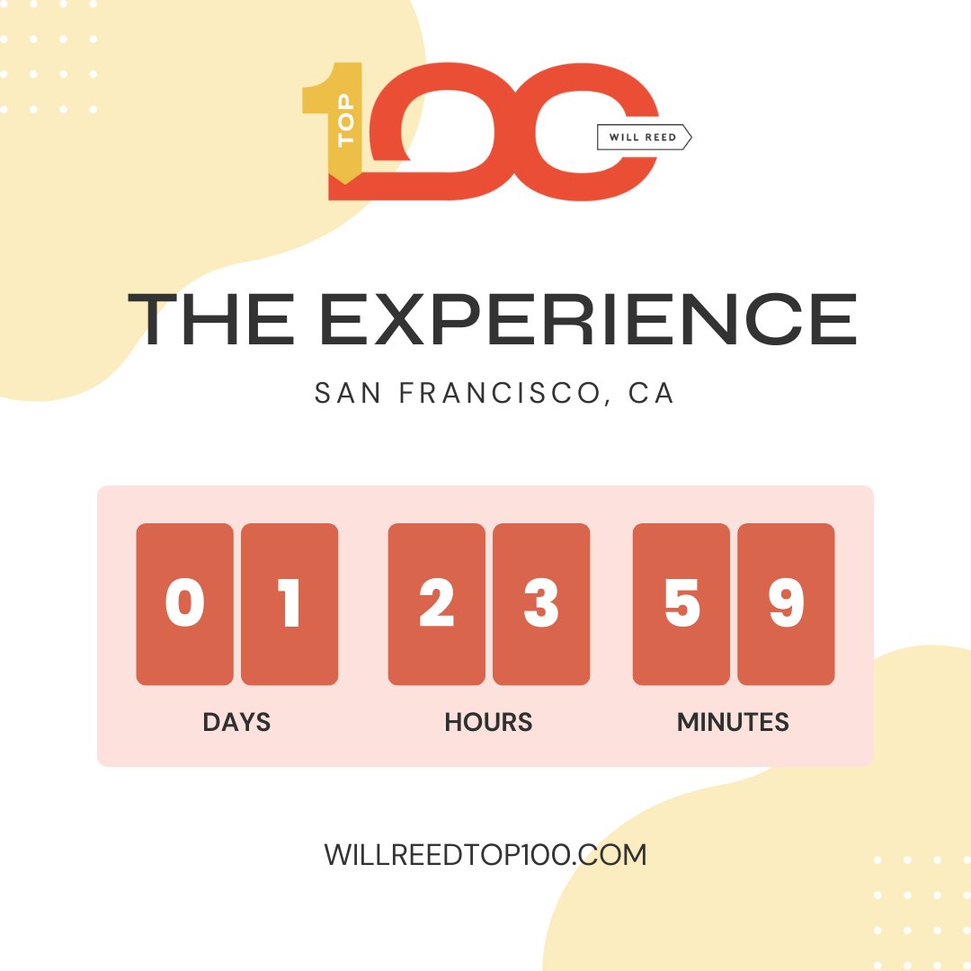 We are just 48 hrs away from The Experience, where founders from the Top 100 Class of 2023 will come together in SF to connect, celebrate and inspire! Stay tuned for an unforgettable event that promises to be a catalyst for cultural innovation and excellence. ✨ #willreedtop100