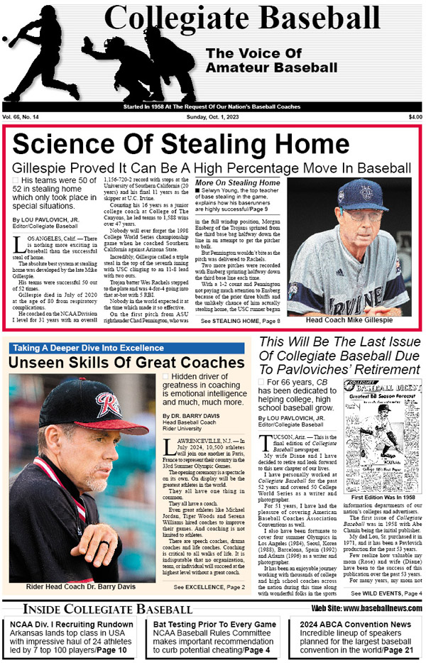 CB’s Latest Issue Out: Read about the Science Of Stealing Home and why Mike Gillespie’s teams were successful 50 of 52 times • Unseen skills of great coaches by Dr. Barry Davis • Arkansas lands top recruiting class in USA, plus much more. Go to: baseballnews.com/oct-1-2023-col…