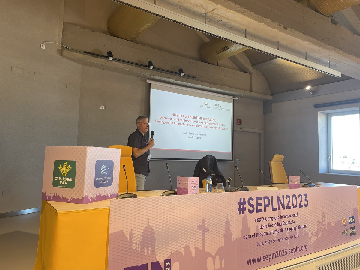SEPLN (@sepln) on Twitter photo 📢 Ahora Rodrigo Agerri presenta el sistema desarrollado por el equipo <a href="/Hitz_zentroa/">HiTZ zentroa (UPV/EHU)</a> en la tarea PoliticES:
“Document and Sentence Level Text Representations for Demographic Characteristics and Political Ideology Detection”
#sepln2023 #iberlef2023 <a href="/iberlef/">IberLEF - Iberian Languages Evaluation Forum</a> 📢 Ahora Rodrigo Agerri presenta el sistema desarrollado por el equipo <a href="/Hitz_zentroa/">HiTZ zentroa (UPV/EHU)</a> en la tarea PoliticES:
“Document and Sentence Level Text Representations for Demographic Characteristics and Political Ideology Detection”
#sepln2023 #iberlef2023 <a href="/iberlef/">IberLEF - Iberian Languages Evaluation Forum</a>