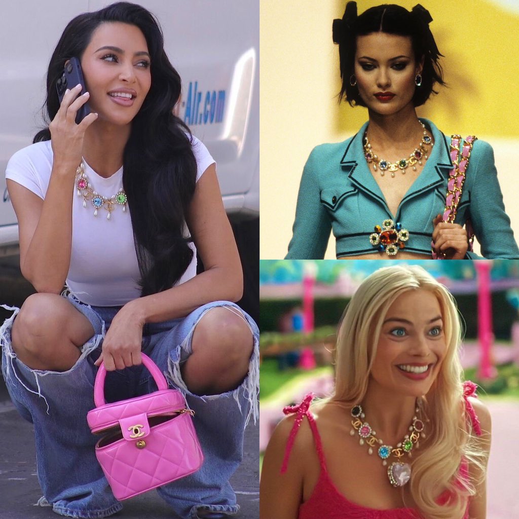 ➳❥ on X: Kim Kardashian wearing 2 archival Chanel pieces for her new Super  Bowl Ad ☆ the first is a spring 1995 necklace that was featured in the  Barbie movie, as