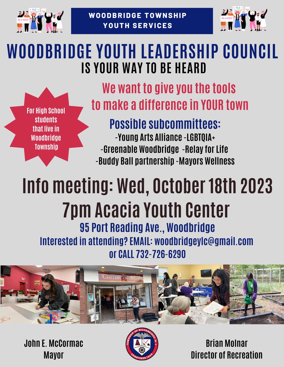 Woodbridge Township teens: Looking to get involved and make a difference in YOUR town? Come to The Woodbridge Youth Leadership Council interest meeting on 10/18. More info below! @MrsShortJFK @BlauveltTracy @JFKHS