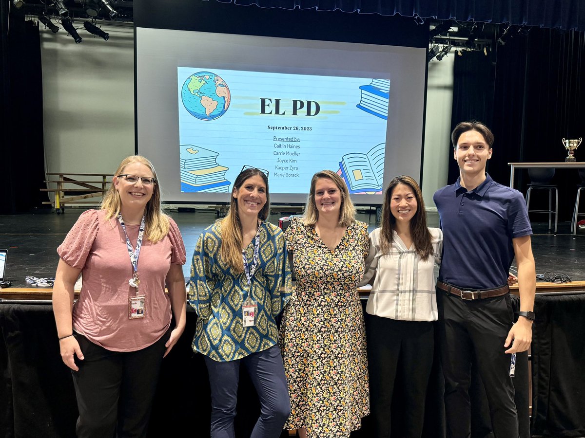 DrJoyceKim's tweet photo. Shout out to my Rockstar EL team for presentation this morning’s PD on vocabulary strategies, sentence starters, and checks for understanding 🤩 and to my silly colleagues who took the picture. 🤪 @KnightsofPHS @MrsHainesELL @KacperZyra @CarrieMLiteracy https://t.co/67k2xLZmhD