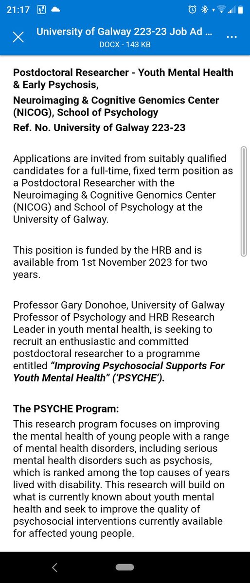Are you a health psychologist interested in digital interventions in youth mental health? This is a terrific opportunity to work with a leading group of researchers at the university of Galway. Deadline for applications is this Friday!