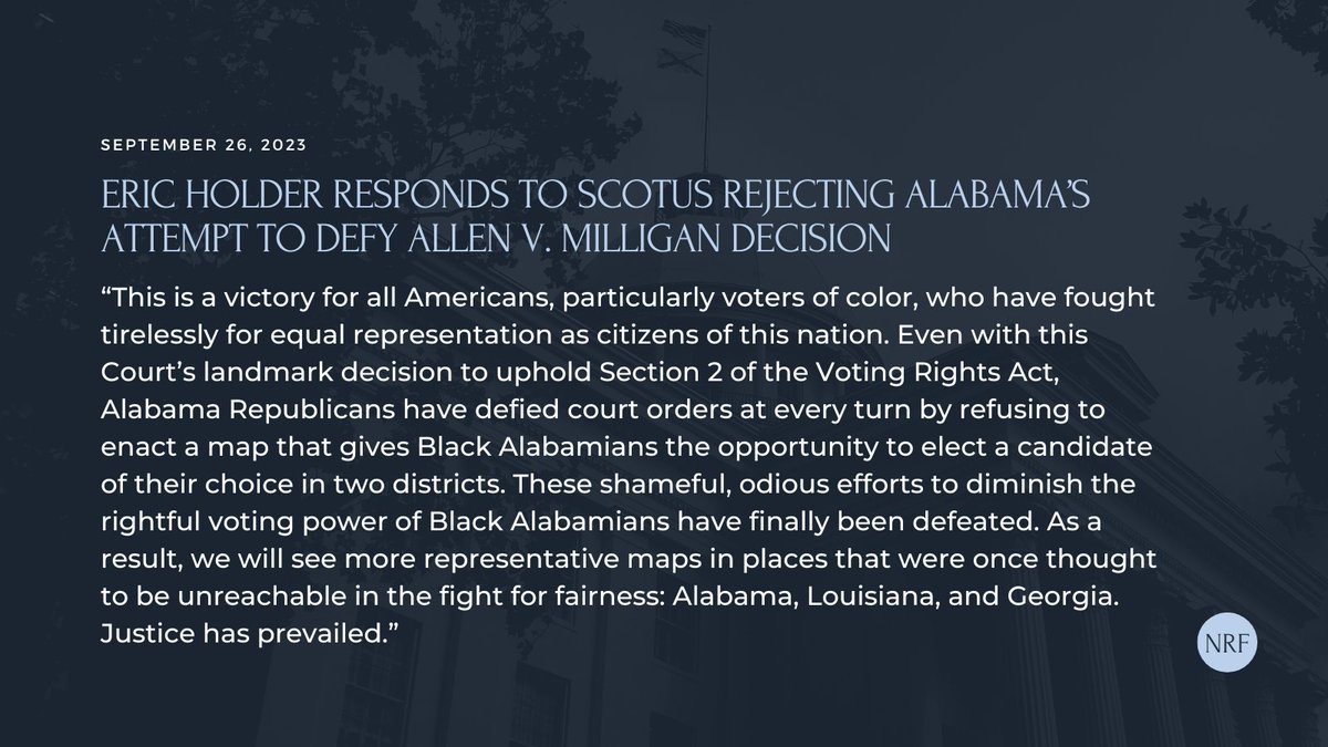 ⚖️In another victory for Alabama voters, SCOTUS has rejected (with no noted dissents) an attempt by the state of AL to stop the remedial mapdrawing process taking place as a result of Allen v. Milligan – meaning the new map will move forward without delay. bit.ly/45dkFVL