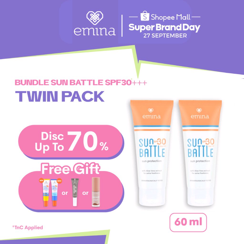 LettyRettob's tweet photo. Cek Emina Sun Battle SPF 30 PA+++ 60 mL Twin Pack - Paket Perawatan Sunscreen Perlindungan Extra dari Sinar UV dengan harga Rp50.700. Dapatkan di Shopee sekarang! https://t.co/Fc4HtYijzF https://t.co/RKoBe2v3Bc