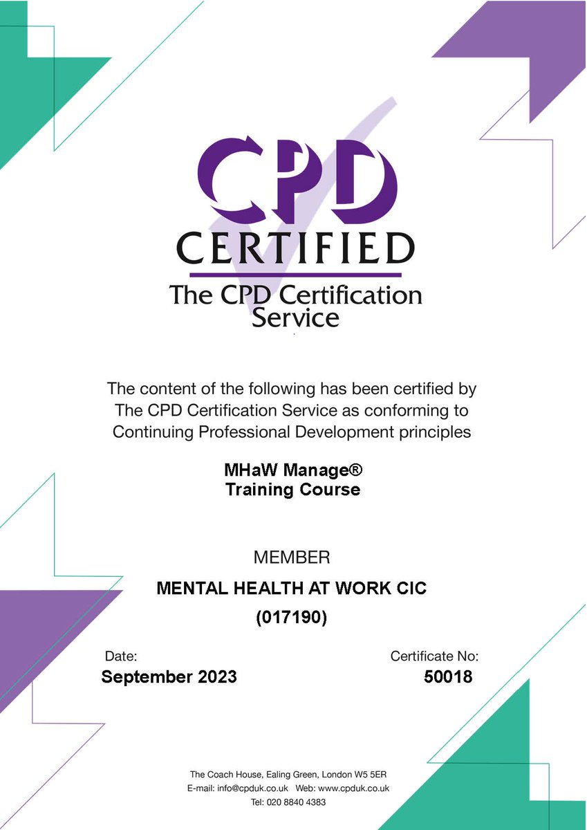 MHAW_UK's tweet photo. We're delighted to share that we are CPD certified for our MHaW Manage® workshop.
The one day programme is for line managers &amp; supervisors giving them the skills &amp; confidence to manage workplace mental health. All delegates will receive 10 CPD points!

#cpd https://t.co/jid9JL7sFn
