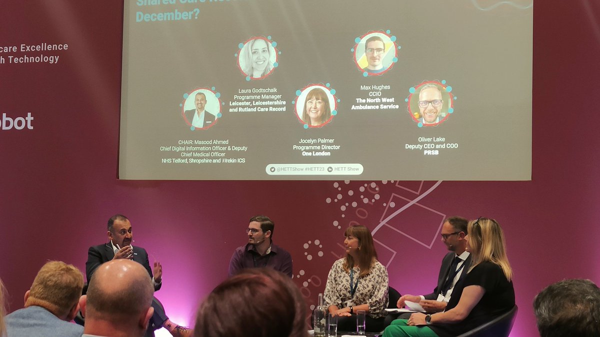 ProfRecordSB's tweet photo. Great, lively discussion around #SharedCareRecords at #HETT23, with the panel and audience highlighting the role of information standards in accelerating their use! System suppliers have an important part to play in all of this, by widely adopting our standards. @HETTShow https://t.co/u7MVWiNXbb