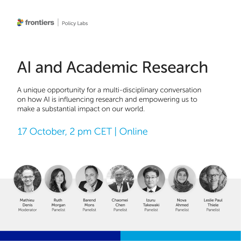 FrontPolicyLabs's tweet photo. Join our webinar featuring 6 researchers from different disciplines who will explore and analyze the impact of Artificial Intelligence on academic research, on October 17, at 2 pm CET. 

Register for the webinar ⬇️

@ProfRuthMorgan @barendmons @CiteSpace @ISC @ScienceFutures_