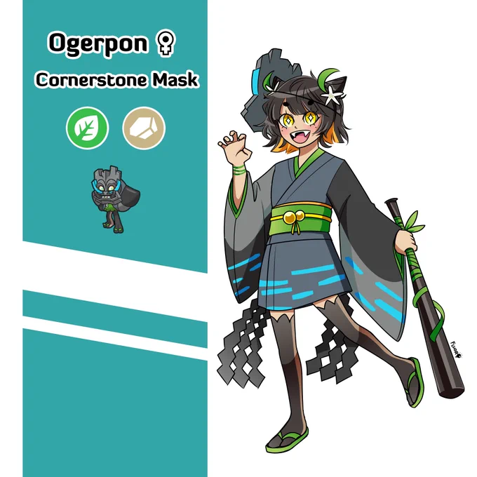[#PokemonScarletViolet] Designed an Ogerpon gijinka with all her masks! Ogerpon is so cute  