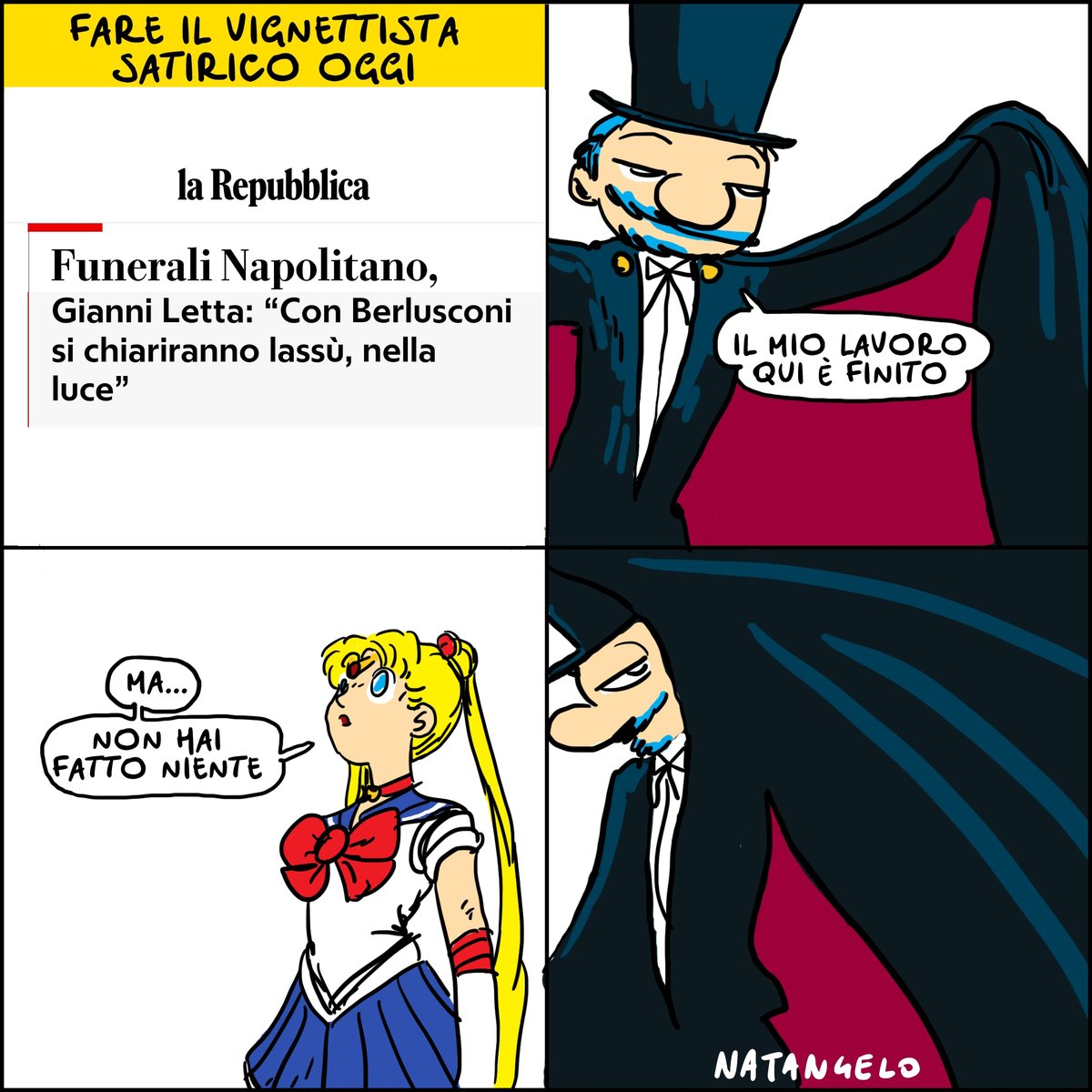 Nella luce. Ok. Non riesco nemmeno a immaginarla, questa vignetta.

#Napolitano #giorgionapolitano #funeralidistato #berlusconi #vignetta #fumetto #memeitaliani #umorismo #satira #humor #natangelo