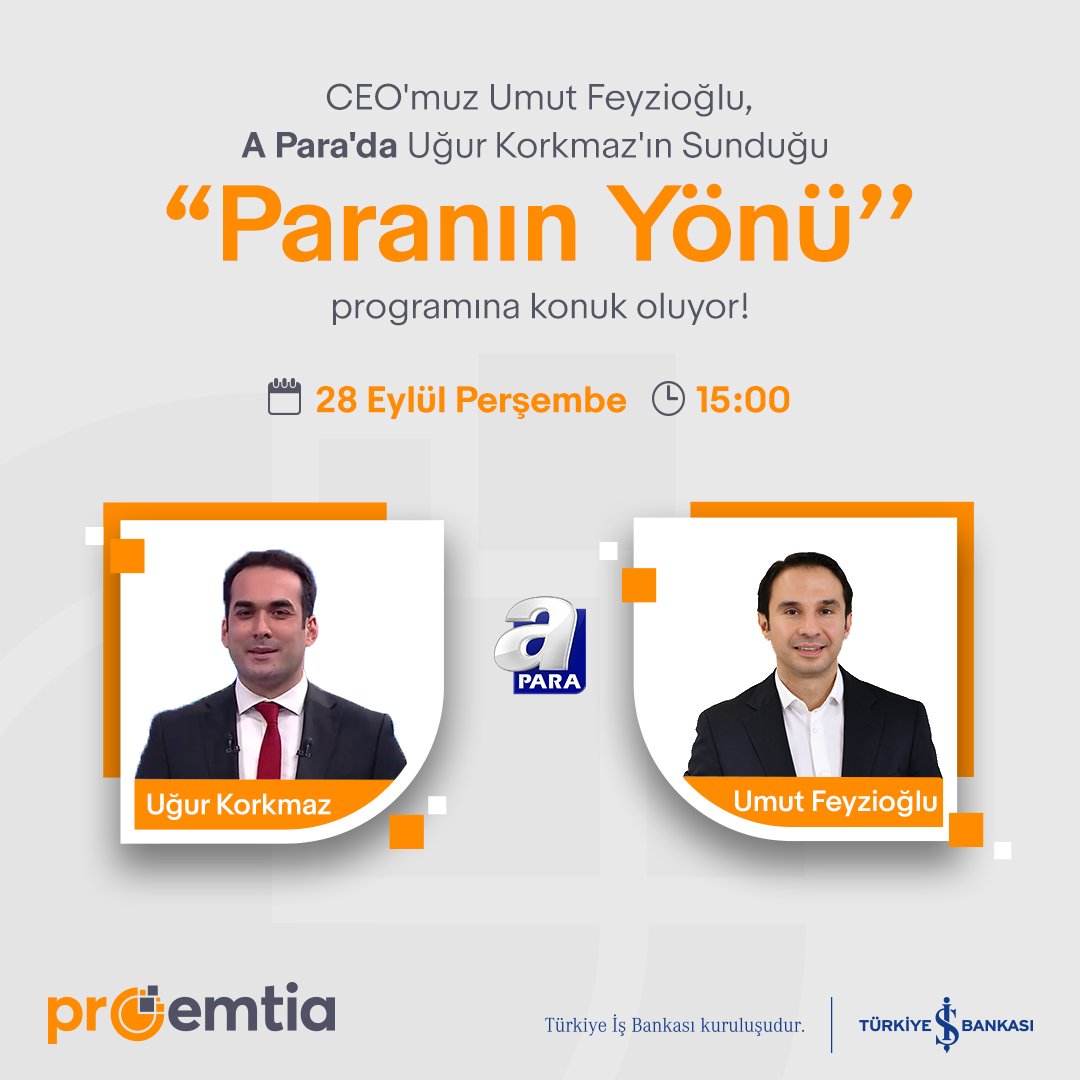 proemtia's tweet photo. CEO'muz Umut Feyzioğlu, 28 Eylül Perşembe saat 15:00'da A Para'da Uğur Korkmaz'ın sunduğu “Paranın Yönü“ programına konuk oluyor!

Endüstriyel ürün ticaretinin dijital platformu Proemtia hakkında tüm merak ettiklerinize yanıt bulacağınız bu yayını sakın kaçırmayın. https://t.co/Bjp2IwuAs1