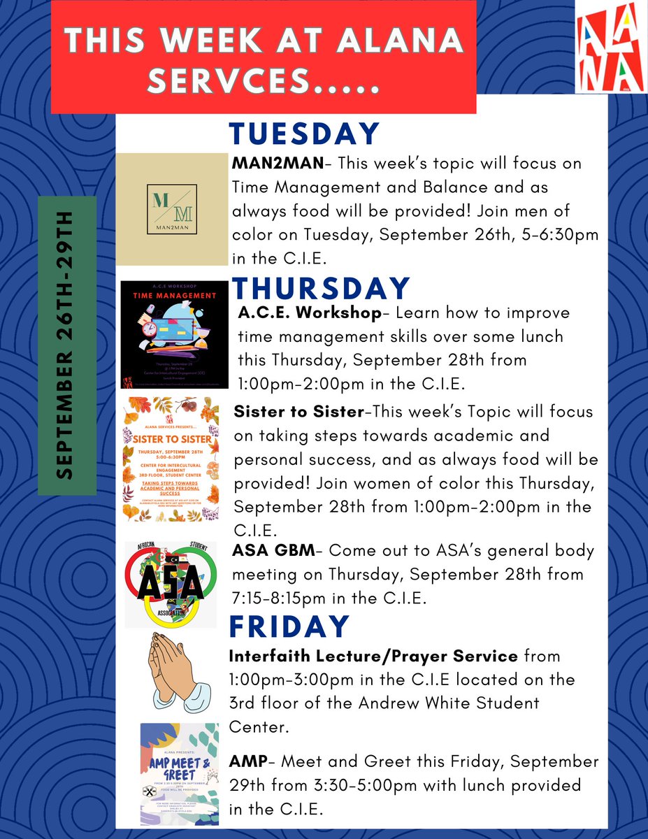 ALANA_Services's tweet photo. This Week at ALANA Services September 26th-29th❤️ https://t.co/vdQlJoCBwn
