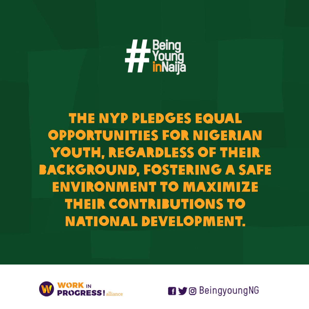 The National Youth Policy (NYP) is committed to breaking barriers and ending discrimination, ensuring every young Nigerian has an equal chance to maximise their contributions to the nation's growth, regardless of background.
#beingyounginNaija
#NationalYouthPolicy