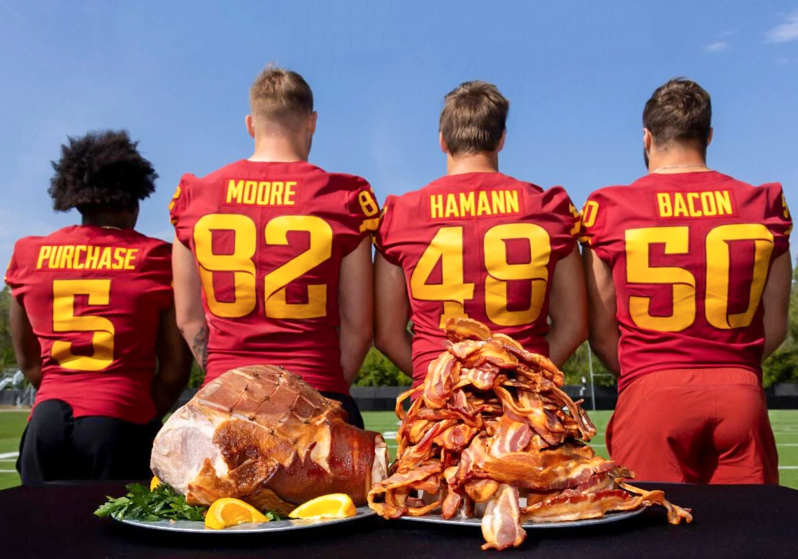 FOS's tweet photo. The Iowa Pork Producers Association has signed four Iowa State football players to NIL deals:

• DB Myles Purchase
• TE Tyler Moore
• DL Tommy Hamann
• LB Caleb Bacon

... Purchase Moore Hamann Bacon. https://t.co/B18ktmmqo9
