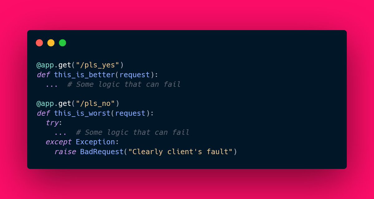 sanicframework's tweet photo. Dunno who needs to hear this, but server errors are ok! It's better to know something's wrong and fix it than to "catch all" and raise some other arbitrary status code instead. That way tools like @getsentry work too :)

#PythonSanic #Python #Webserver #WebDev #WebDevelopment https://t.co/Zc0USh7noH