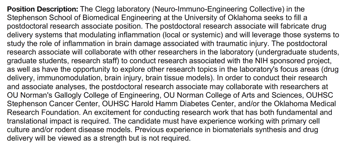 JohnRClegg's tweet photo. Postdoc position available in my laboratory at the Univ. of Oklahoma on CNS drug delivery, monocyte/macrophage immunotherapy, and neuroinflammation. Polymer and hydrogel synthesis,  rodent inflammation models, tissue and cell analysis. Retweets appreciated and questions welcomed! https://t.co/sdSstAa1zS
