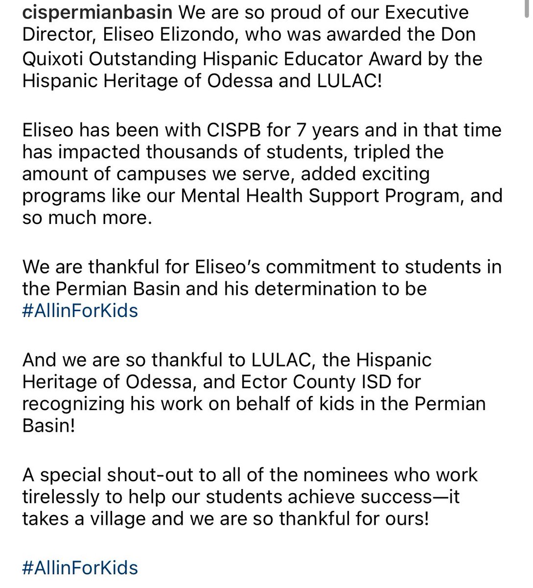 CISpermianbasin's tweet photo. We are so proud of our Executive Director, Eliseo Elizondo, who was awarded the Don 
Quixoti Outstanding Hispanic Educator Award by the Hispanic Heritage of Odessa!

We are thankful for Eliseo’s commitment to students in the Permian Basin and his determination to be #AllinForKids https://t.co/25lK9oUAqb