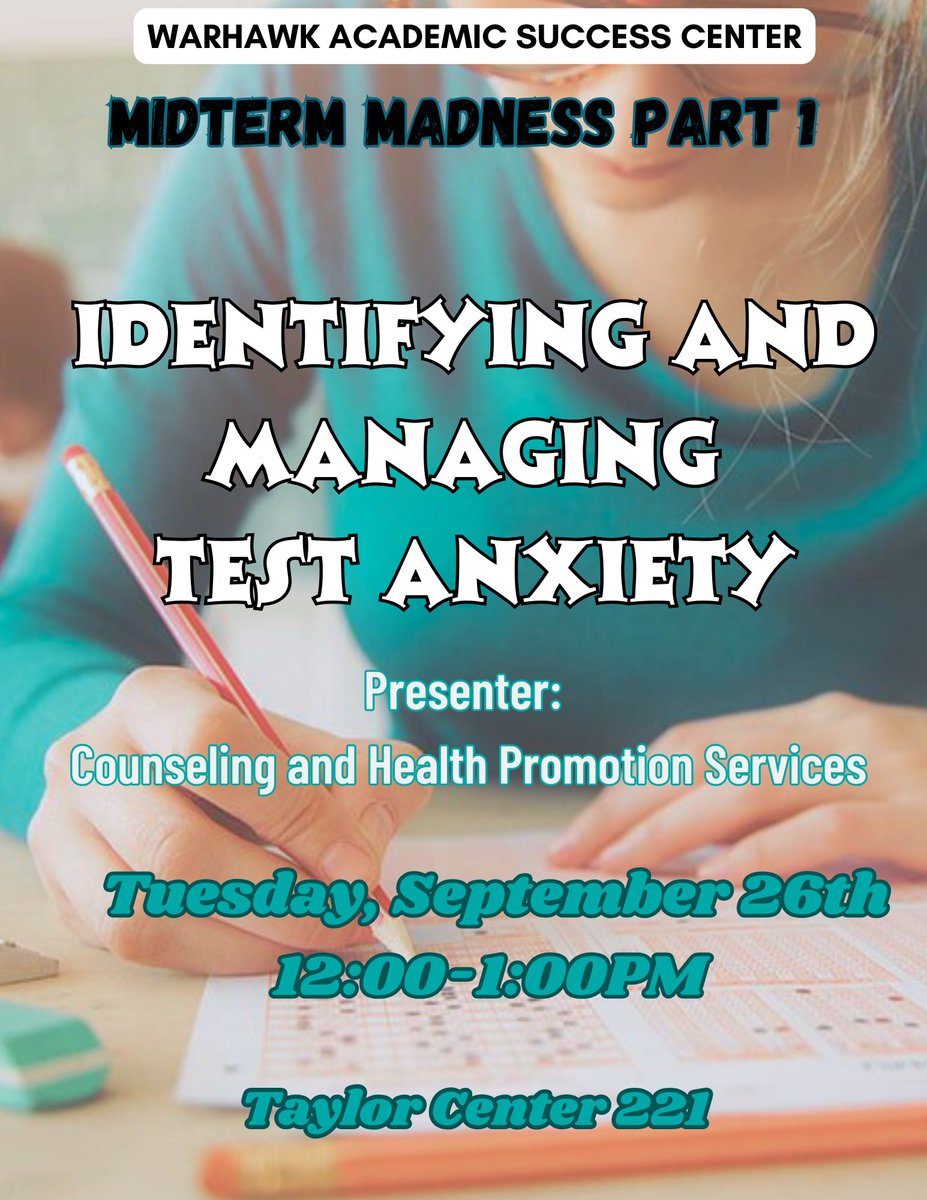 Mid-Term Madness Part I is happening today at 12 PM in Taylor Center 221. Counseling and Health Promotion Services will lead the conversation on identifying and managing test anxiety. Snacks will be provided. We hope to see you all there! #aumwasc1 #testanxiety #midtermmadness