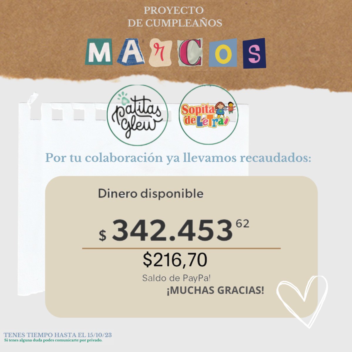 marcosgnews's tweet photo. La colecta solidaria para el cumpleaños de Marcos lleva recaudado esto en 2 días:

¡Muchas gracias a todos!

Paypal: marcosgnews@gmail.com

🇪🇦Bizum 
🇵🇪 Yape
🇺🇾 Prex
🇨🇱🇵🇾🇺🇾🇪🇨🇵🇪Transferencia Bancaria

Mercado Pago:
https://t.co/oxxCW1hFbg (Romina)

Tarjetas:
https://t.co/ILtsYfBBlW https://t.co/Re76xTAeNE