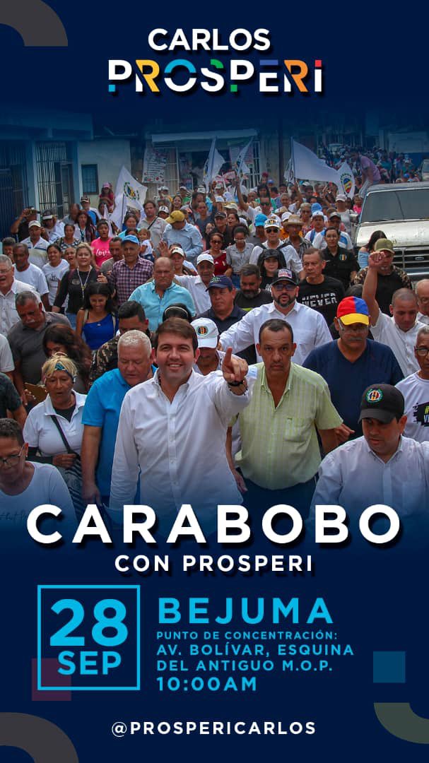 Este jueves 28 de septiembre visitará el municipio BEJUMA nuestro candidato y próximo presidente de Venezuela, CARLOS PROSPERI. 

Invitados todos los amigos, militantes y simpatizantes de nuestra opción, la mejor opción para reconstruir la unidad y traer la prosperidad al país.