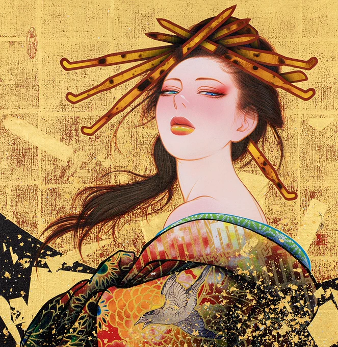 「見立て実定」 アクリル絵具・金箔 カンバス acrylic, gold leaf on canvas 50x50cm ©TAMURA Yoshiyasu 2023 All rights are reserved 後徳大寺左大臣 藤原実定 『千載集』夏・161 ほととぎす 鳴きつる方を 眺むれば ただ有明(ありあけ)の 月ぞ残れる