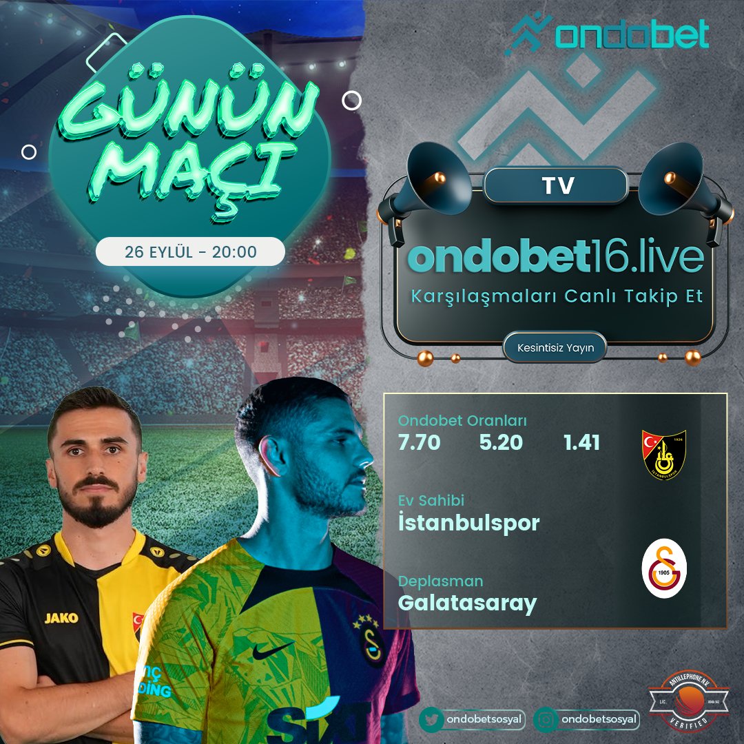 ✅Günün Karşılaşması Ondobet’te!

⏰20:00’da İSTANBULSPOR🆚GALATASARAY karşı karşıya geliyor. 

⚡️En yüksek oranlar ve bahis çeşitleri Ondobet’te!
📺 Canlı izlemek için ondobet17.live

🌟heylink.me/ondobet/