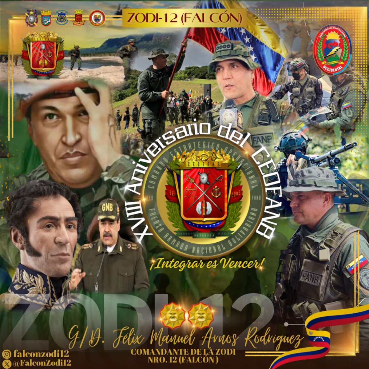 La #ZODI12Falcón al mando del GD. <a href="/ARNOSF/">GD. Félix Arnos Rodríguez</a> Felicitamos al CEOFANB hoy en su XVIII Aniversario, máximo órgano de planificación, programación, coordinación, ejecución y control estratégico operacional de la #FANB, garantizando así la independencia y soberanía de la Nación.