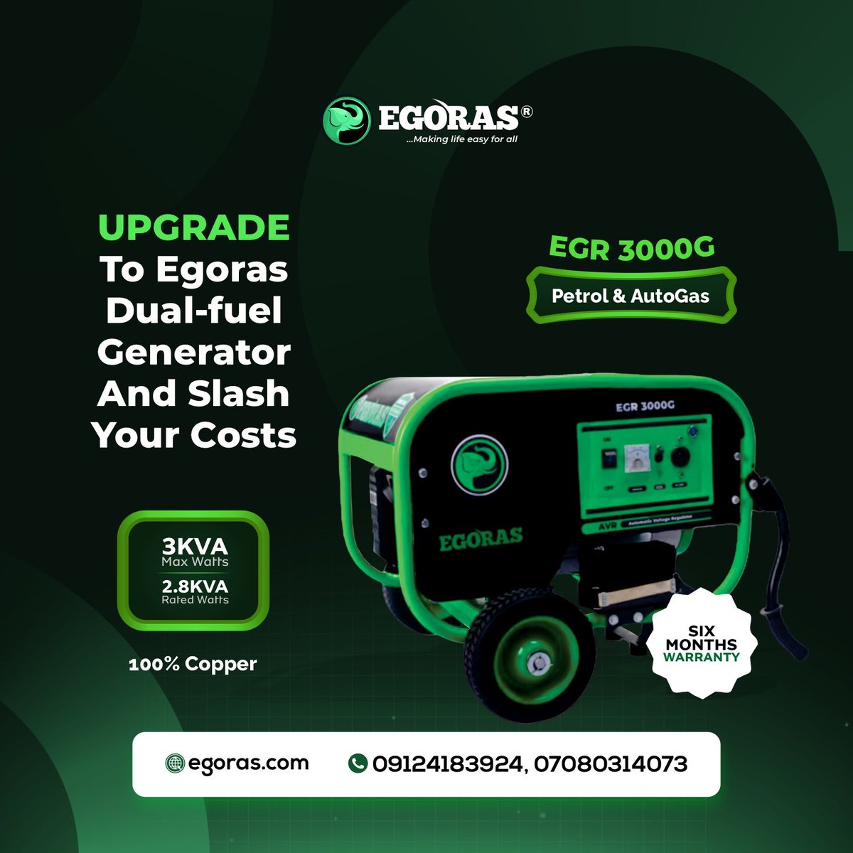 egorasHQ's tweet photo. Upgrade to Egoras Dual-Fuel Generator and Slash Your Costs!??
Product Specifications:
Power: 3 kVA
Phase: Single Phase
Voltage: 220-240V
Start Type: Automatic
Speed: 1000 rpm
#EnergyEfficiency #EgorasDualFuelGenerator #EGC #egorasautogasgenerator https://t.co/zExowFNaqv
