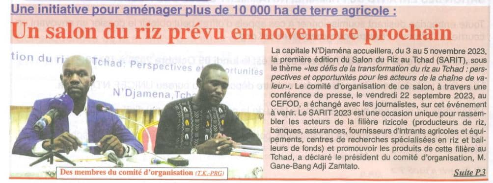 Adjizamtato's tweet photo. Paru hier à la Une du quotidien "Le Progrès", le Salon du Riz au Tchad (Sarit 23).
Obtenir l'aménagement de 10.000ha dédiés à la riziculture pourrait relever de l'absurde.... Mais cela est possible avec la volonté et les moyens qui vont avec.
#Tchad #Sarit23 #Adjiriz https://t.co/ejIixSmfM8