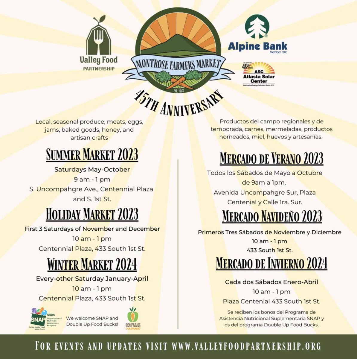 The Montrose Farmers Market is still in full swing and will be open every Saturday from 9 a.m. - 1 p.m. through October. 🌽🥖🍎 Many of the farmers markets around the state close during the winter months, but not in Montrose! 🫶

Check out the full schedule through April 2024.