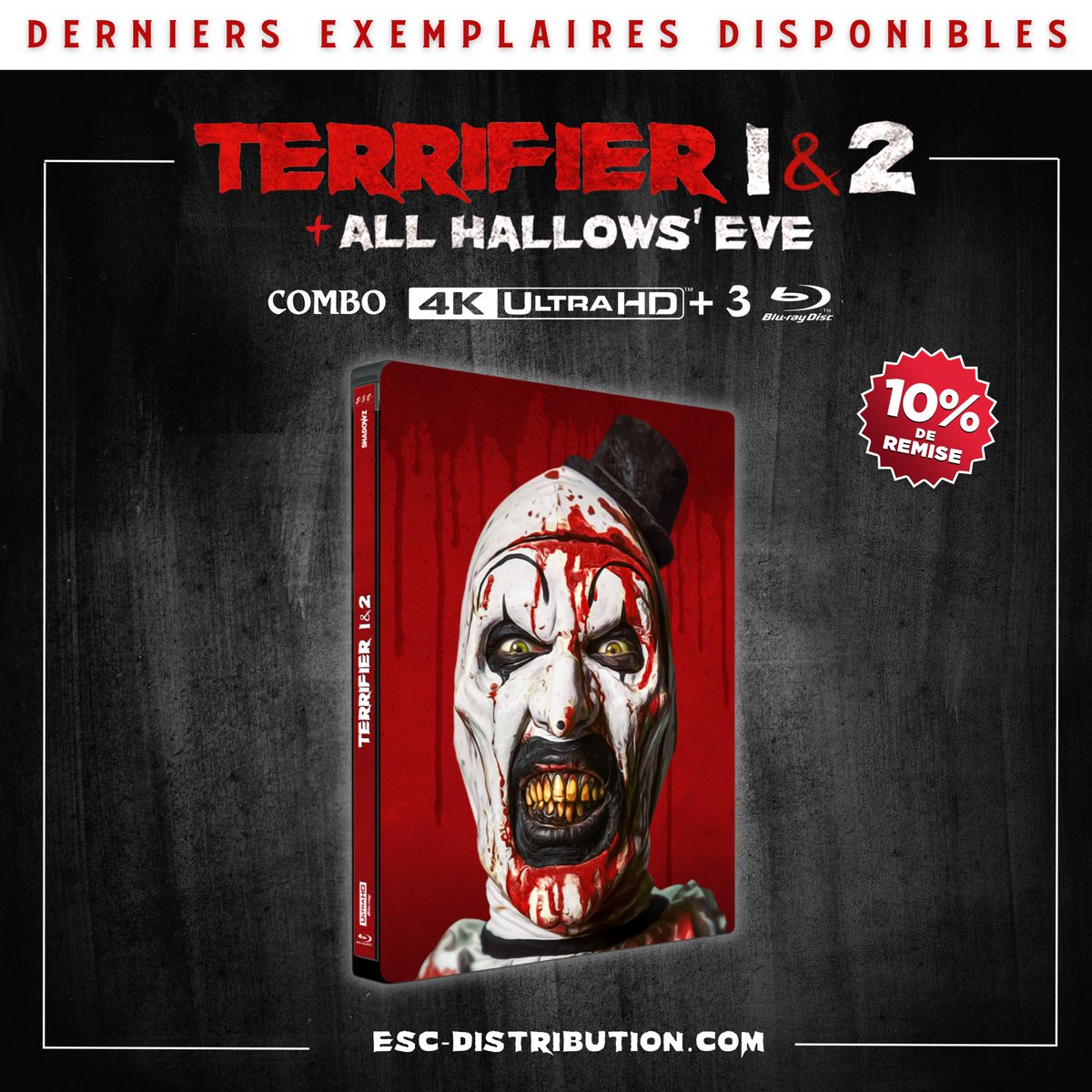 ESC_Films_'s tweet photo. 🚨DERNIERS STEELBOOKS TERRIFIER 🚨 
😱 Le coffret étant épuisé, il nous restait quelques steelbooks et ce sont les tous derniers! Ils sont disponibles seuls (COMBO UHD 4K + 3 BD) ou en pack:
 
- PACK TERRIFIER STEELBOOK + VINYLES 
- PACK TERRIFIER STEELBOOK + ESC VIDEO CLUB (Seulement 15!!!)  
- TERRIFIER 1&2 également disponibles en BLU-RAY simples 

👉Pour précommander : https://t.co/wKztb0r0pW

#Terrifier #Vinyle #HorrorSoundtrack #DamienLeone #Steelbook #Bluray  #LaurenLaVera #DavidHowardThornton #JennaKanell