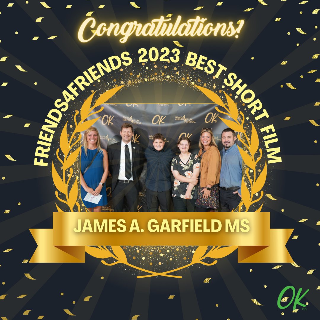 Congratulations to James A. Garfield MS on winning the Friends4Friends 2023 Best Short Film at the Friends4Friends Film Festival! 
Check out their short film "Put Down the Phone, Pick Up Your Life" on youtube.com/okinc.
#okinc #friends4friends #f4ffilmfest