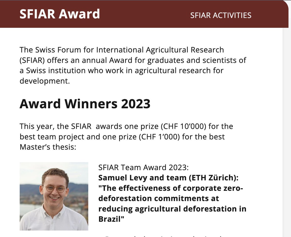 samlevyforest's tweet photo. Very happy to share that my PhD project won the 2023 @sfiar team award! In this project we mapped the coverage and extent of zero-deforestation supply chain commitments (ZDCs) in Brazil + identified &amp; quantified these policies' impacts and limitations 🧵 https://t.co/233d0PuJVD