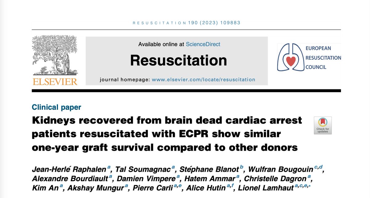 Kidneys recovered from brain dead cardiac arrest patients resuscitated with ECPR show similar one-year graft survival compared to other donors

🔗 resuscitationjournal.com/article/S0300-…

#ResusTwitter