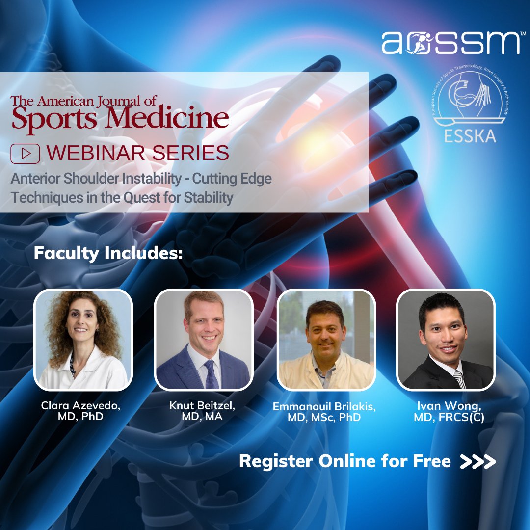 Join us TODAY at 3pm CST for the @AJSM_SportsMed Webinar: Anterior Shoulder Instability. Don’t miss this discussion on developments in techniques such as new soft tissue procedures, Bankart repair, and Laterjet safer. 

ow.ly/NWjr50PqaIa
#Orthopaedics #SportsMedicine