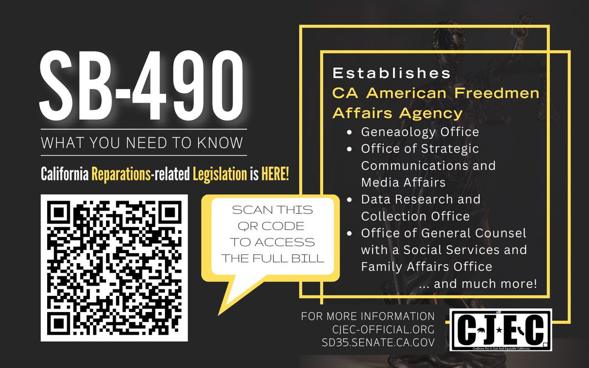 Chad_Boogie's tweet photo. #SB490 by @SenBradfordCA will establish the California American #Freedmen Affairs Agency #CAFAA to facilitate implementation of 100+ legislative proposals developed by the #CRTF! #Cash #Edu #Healthcare &amp; MORE! 

#FindYourRep TODAY👇🏾and tell them #SB490 matters to YOU! 🫵🏾✊🏾💪🏾 https://t.co/y2RzHL8Kaz