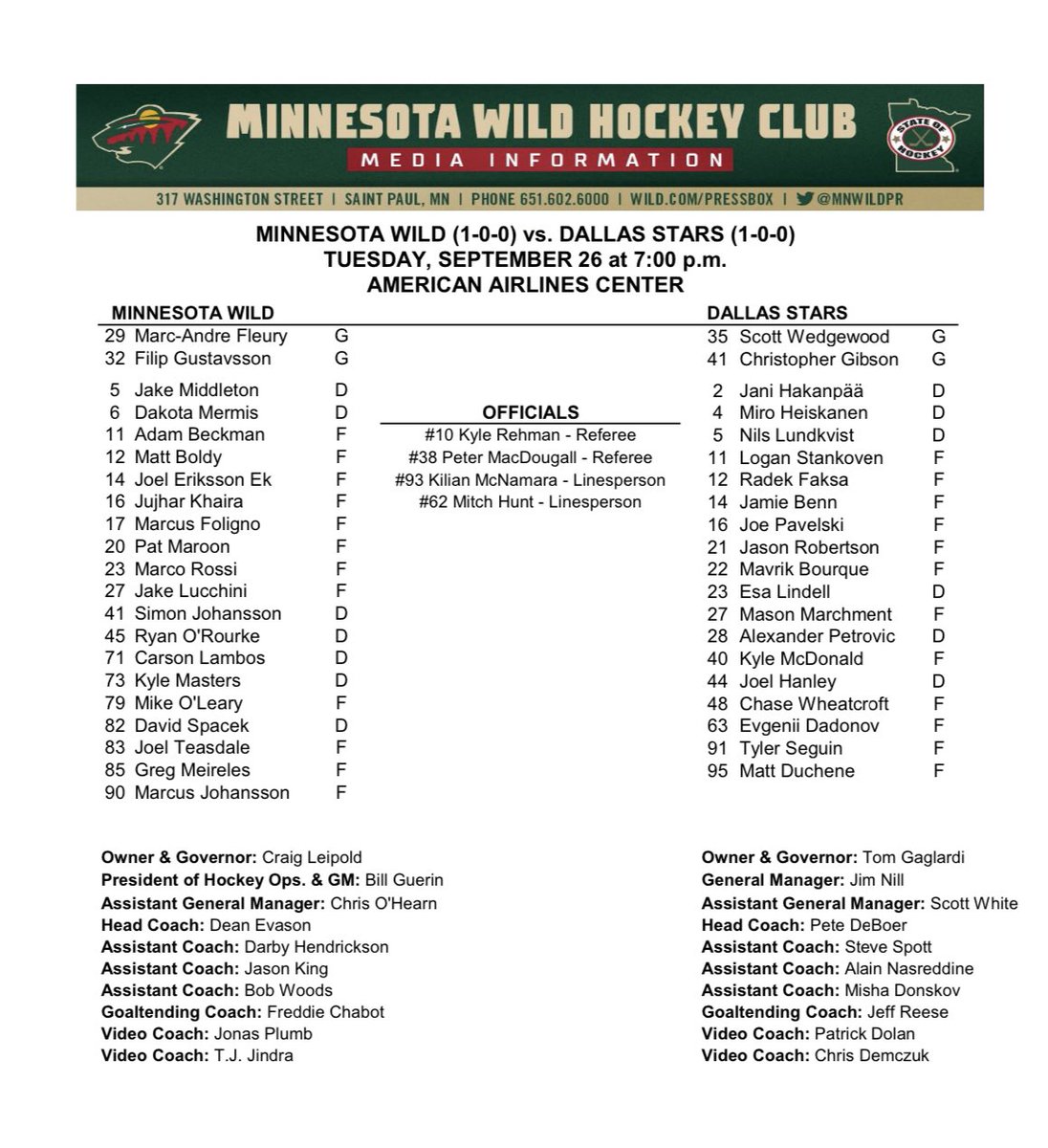mnwildPR's tweet photo. Here are the lineups for tonight’s #mnwild game against Dallas at 7:00 p.m. on @KFAN1003. https://t.co/j5KEBKWt1g